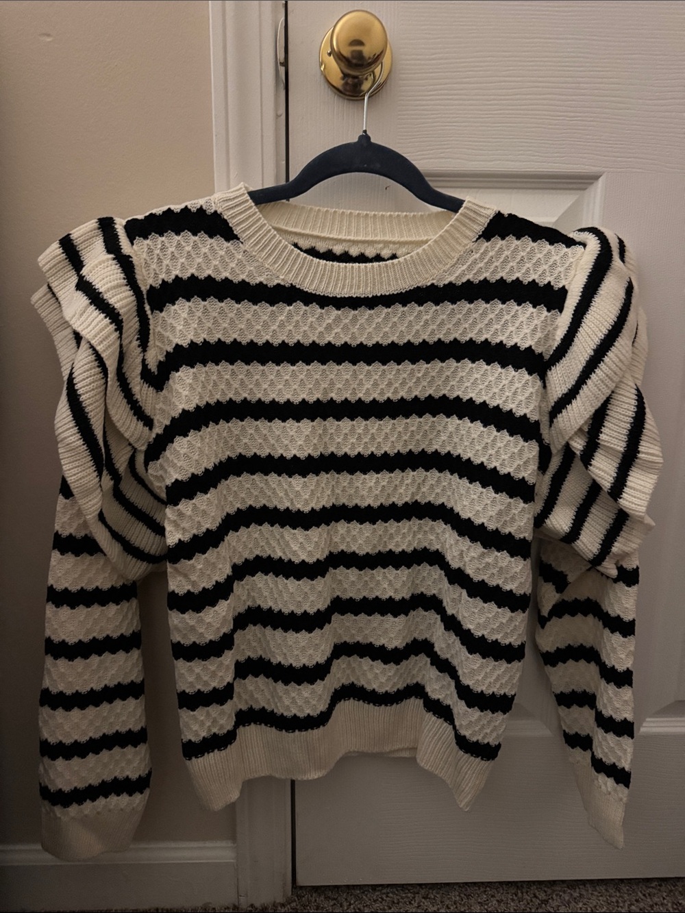 SHEIN Black & Cream Striped Puff-Sleeve Crewneck Sweater